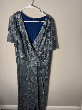 R&M Richards Size 16 Metallic Blue Gold Floral Formal Wedding Guest Dress